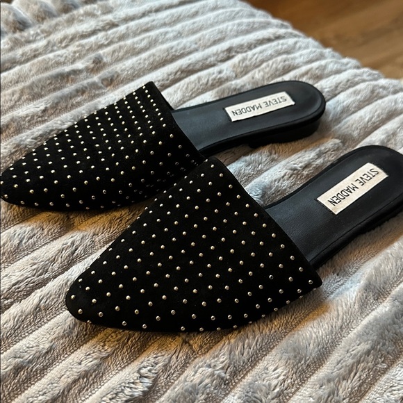 Steve Madden Shoes - Steve Madden gold studded pointy black suede slides mules flats